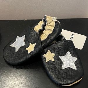 Black, silver and tan leather slippers with suede bottom- 18-24M